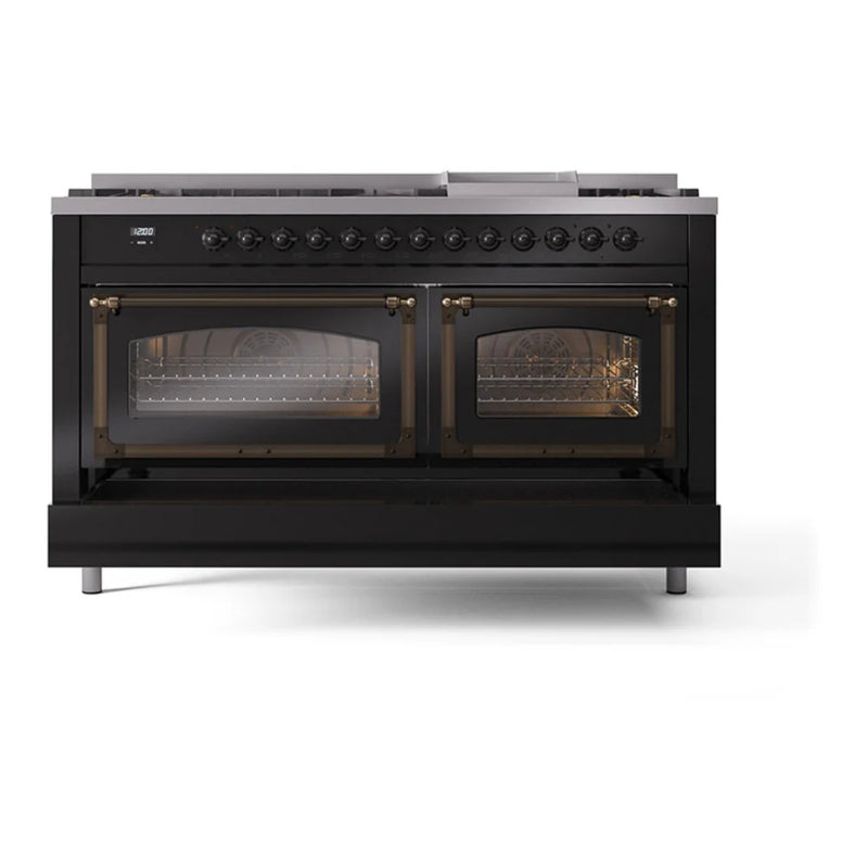 ILVE Nostalgie II Noblesse 60" Dual Fuel Freestanding Range in Glossy Black with Burnished Trim, UN60FNMPBKB