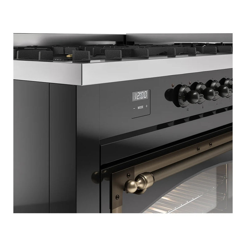 ILVE Nostalgie II Noblesse 60" Dual Fuel Freestanding Range in Glossy Black with Burnished Trim, UN60FNMPBKB