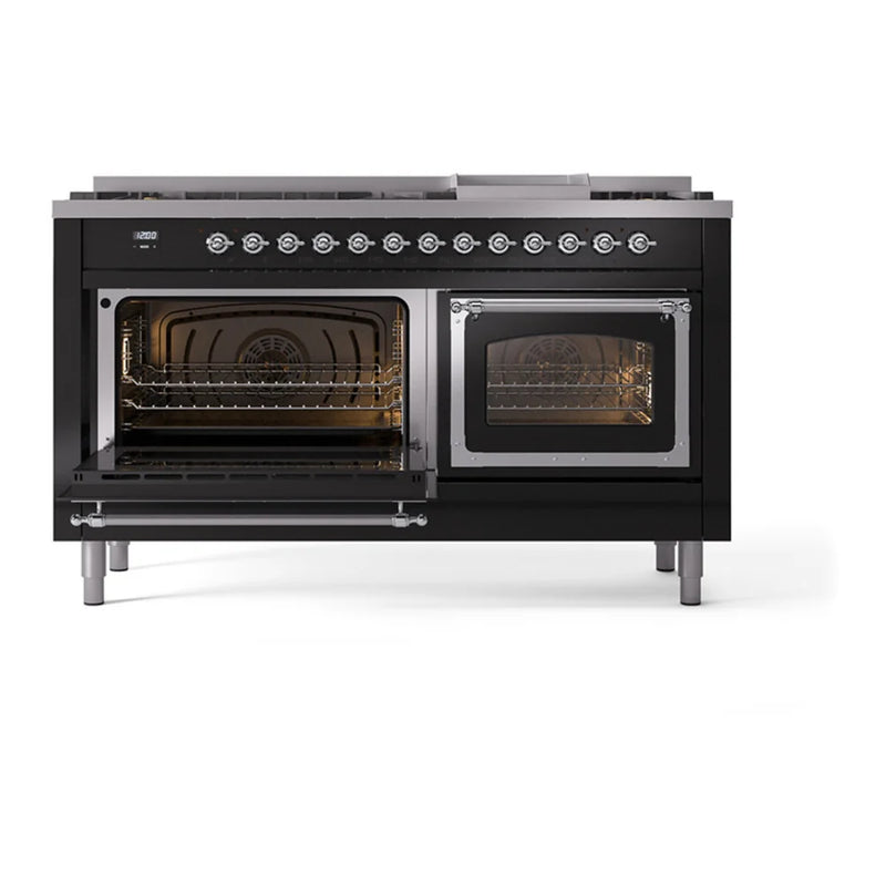 ILVE Nostalgie II Noblesse 60" Dual Fuel Freestanding Range in Glossy Black with Chrome Trim, UN60FNMPBKCLP