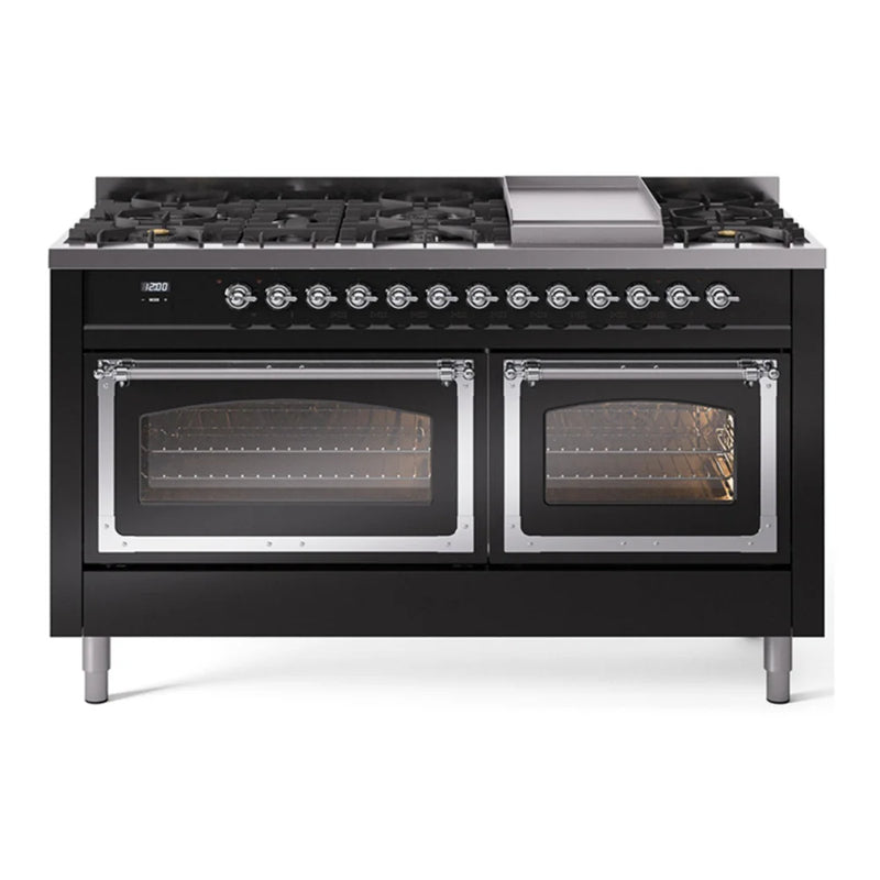 ILVE Nostalgie II Noblesse 60" Dual Fuel Freestanding Range in Glossy Black with Chrome Trim, UN60FNMPBKC