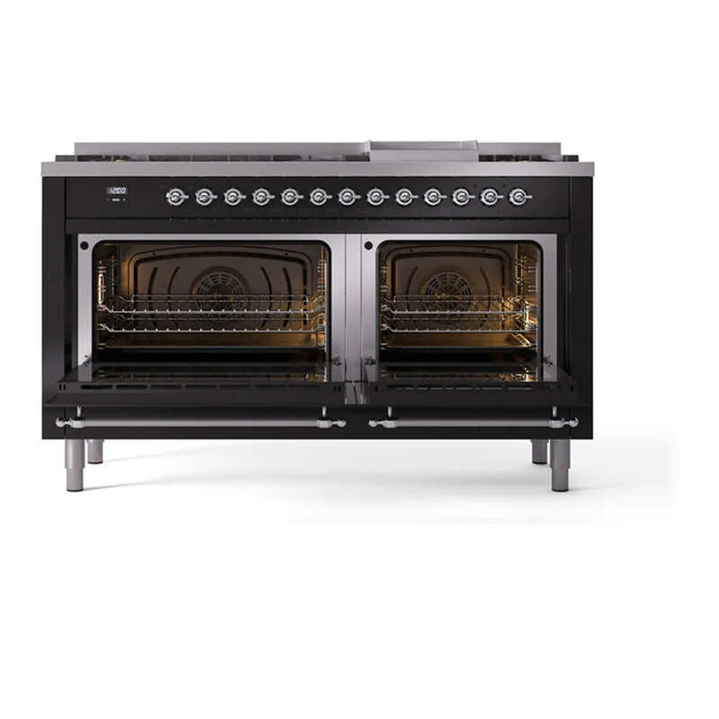 ILVE Nostalgie II Noblesse 60" Dual Fuel Freestanding Range in Glossy Black with Chrome Trim, UN60FNMPBKC