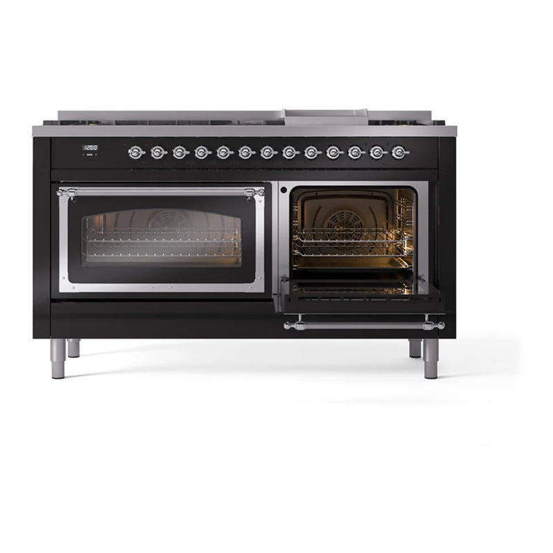 ILVE Nostalgie II Noblesse 60" Dual Fuel Freestanding Range in Glossy Black with Chrome Trim, UN60FNMPBKC