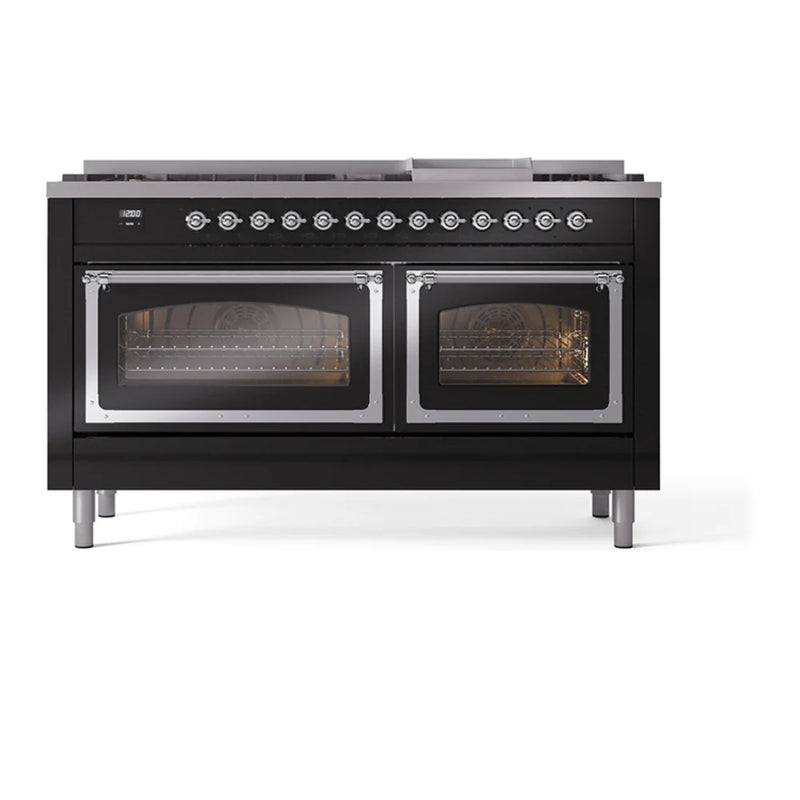 ILVE Nostalgie II Noblesse 60" Dual Fuel Freestanding Range in Glossy Black with Chrome Trim, UN60FNMPBKC