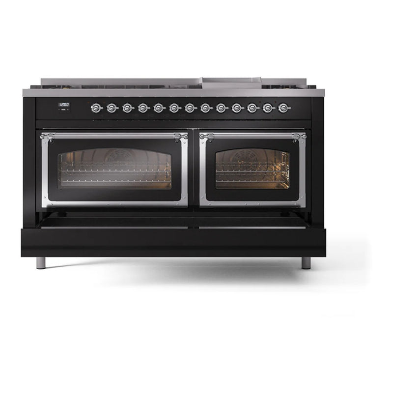 ILVE Nostalgie II Noblesse 60" Dual Fuel Freestanding Range in Glossy Black with Chrome Trim, UN60FNMPBKC