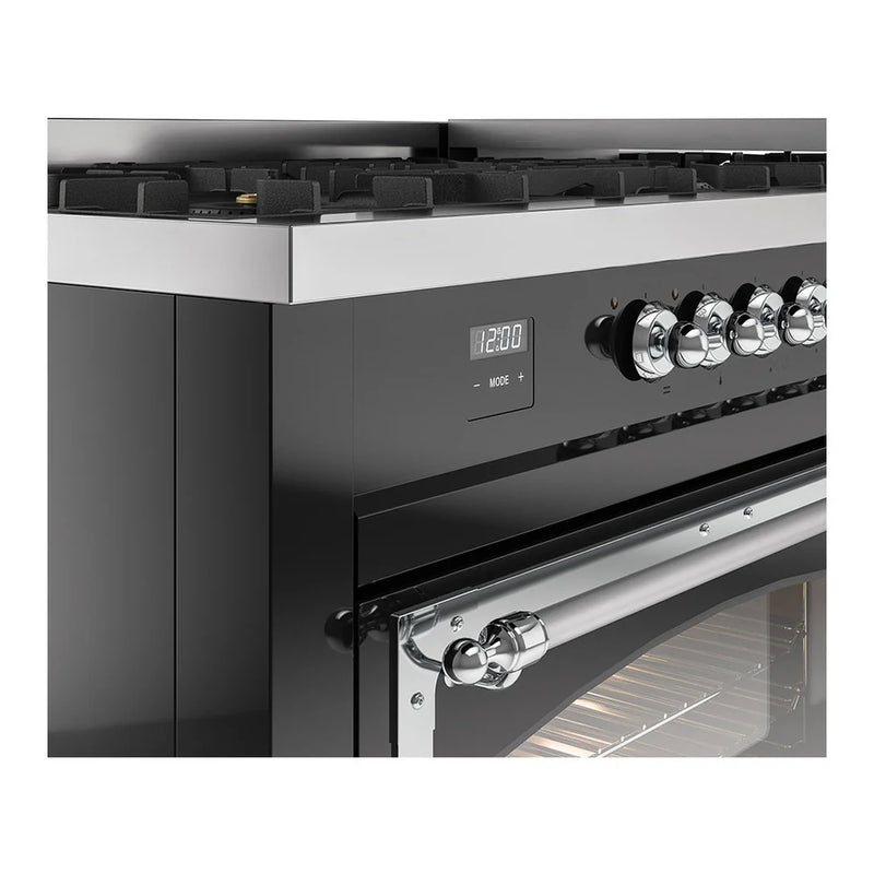 ILVE Nostalgie II Noblesse 60" Dual Fuel Freestanding Range in Glossy Black with Chrome Trim, UN60FNMPBKC