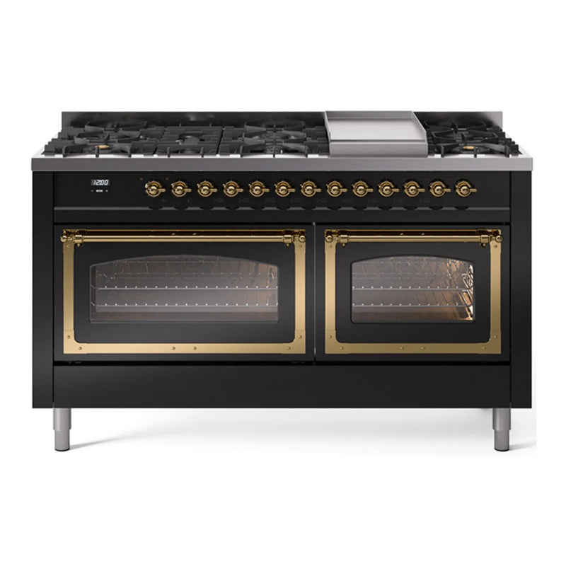 ILVE Nostalgie II Noblesse 60" Dual Fuel Freestanding Range in Glossy Black with Brass Trim, UN60FNMPBKGLP