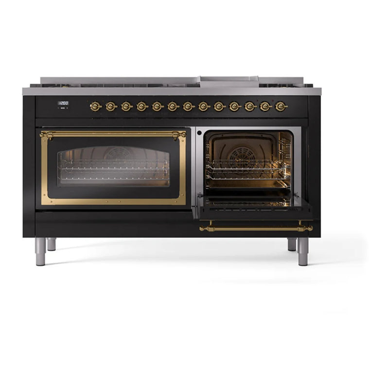 ILVE Nostalgie II Noblesse 60" Dual Fuel Freestanding Range in Glossy Black with Brass Trim, UN60FNMPBKGLP
