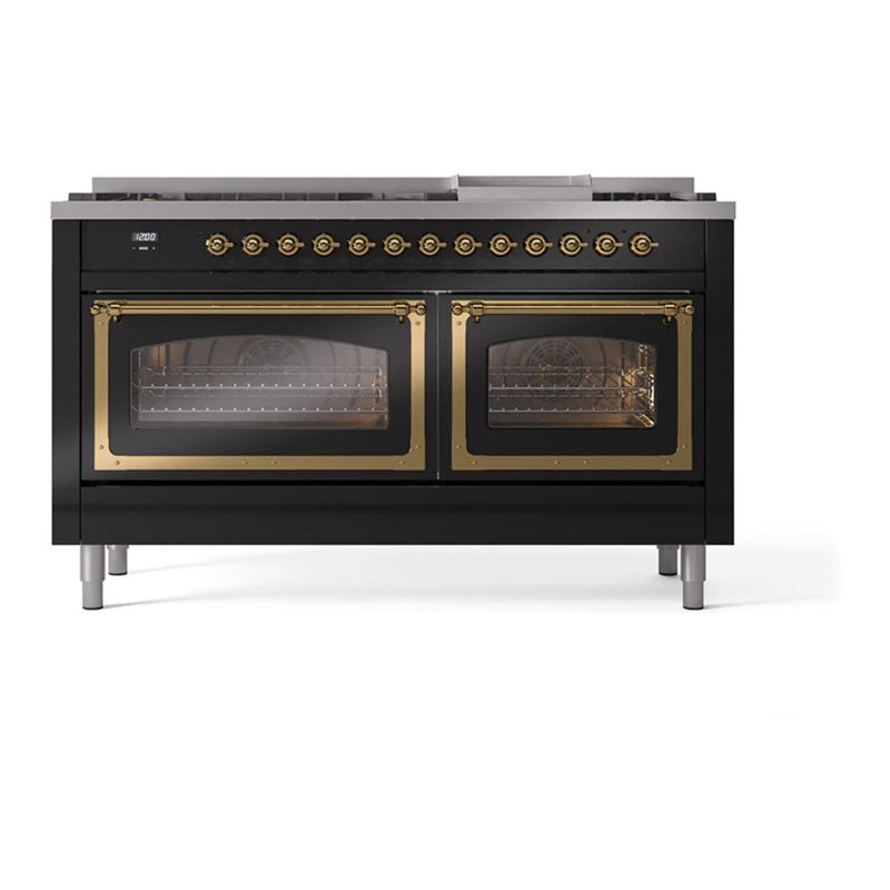 ILVE Nostalgie II Noblesse 60" Dual Fuel Freestanding Range in Glossy Black with Brass Trim, UN60FNMPBKGLP