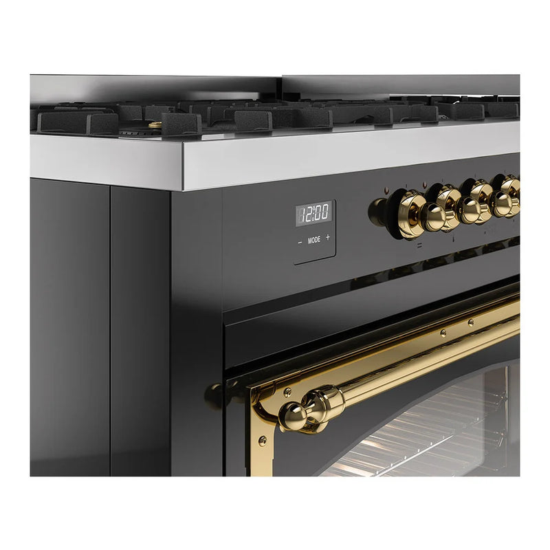 ILVE Nostalgie II Noblesse 60" Dual Fuel Freestanding Range in Glossy Black with Brass Trim, UN60FNMPBKGLP