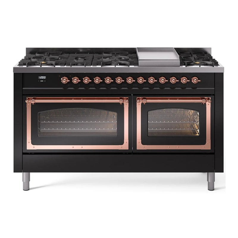 ILVE Nostalgie II Noblesse 60" Dual Fuel Freestanding Range in Glossy Black with Copper Trim, UN60FNMPBKPLP