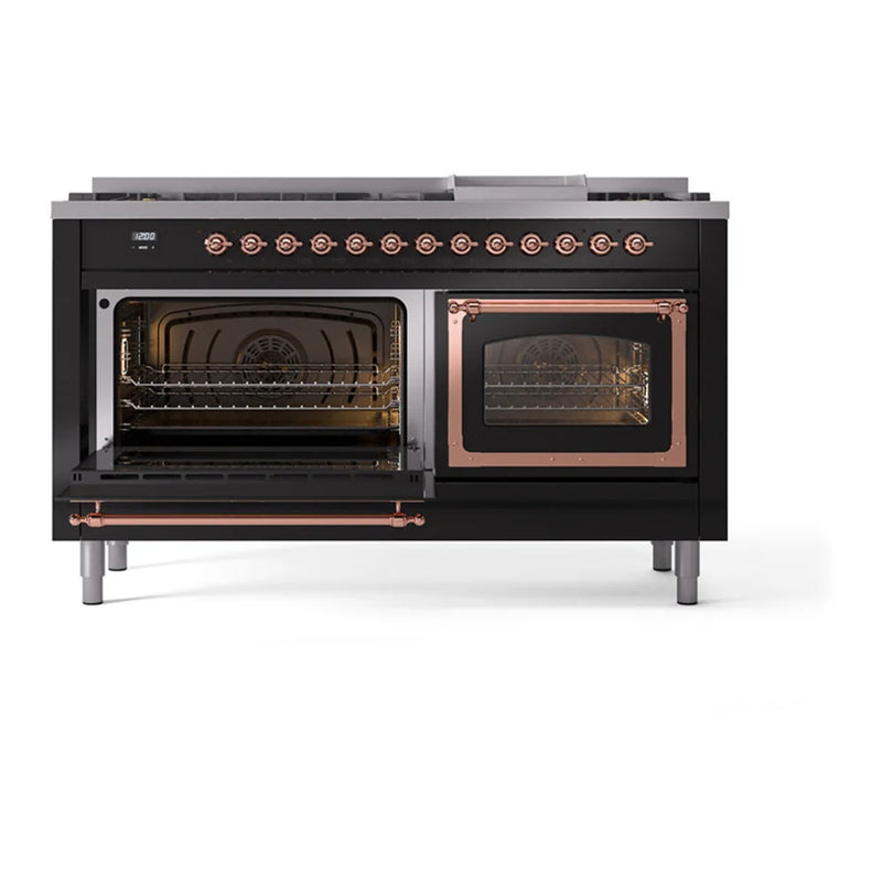 ILVE Nostalgie II Noblesse 60" Dual Fuel Freestanding Range in Glossy Black with Copper Trim, UN60FNMPBKPLP