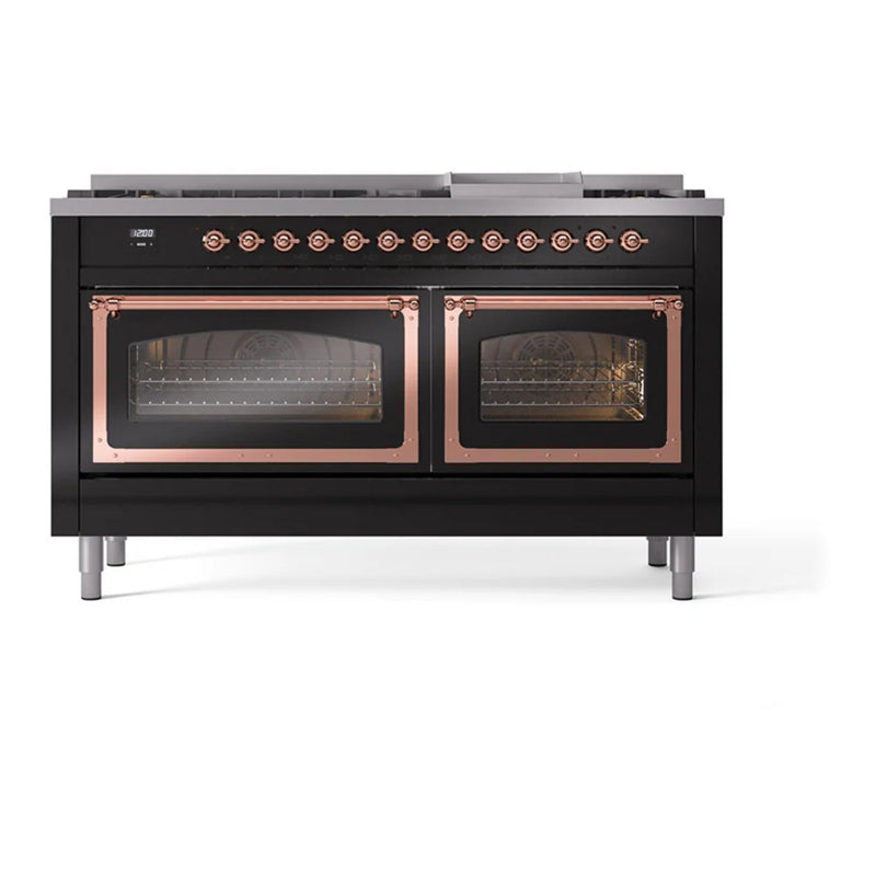 ILVE Nostalgie II Noblesse 60" Dual Fuel Freestanding Range in Glossy Black with Copper Trim, UN60FNMPBKPLP