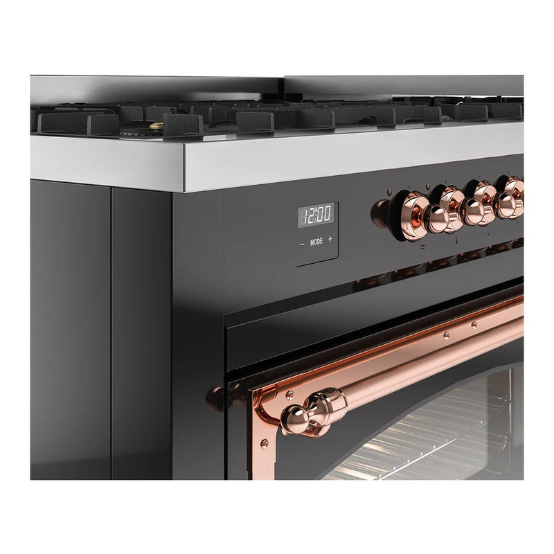 ILVE Nostalgie II Noblesse 60" Dual Fuel Freestanding Range in Glossy Black with Copper Trim, UN60FNMPBKPLP