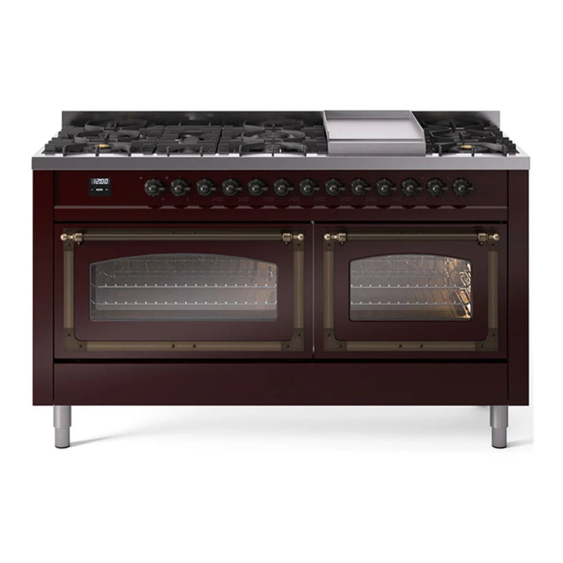 ILVE Nostalgie II Noblesse 60" Dual Fuel Freestanding Range in Burgundy with Burnished Trim, UN60FNMPBUBLP