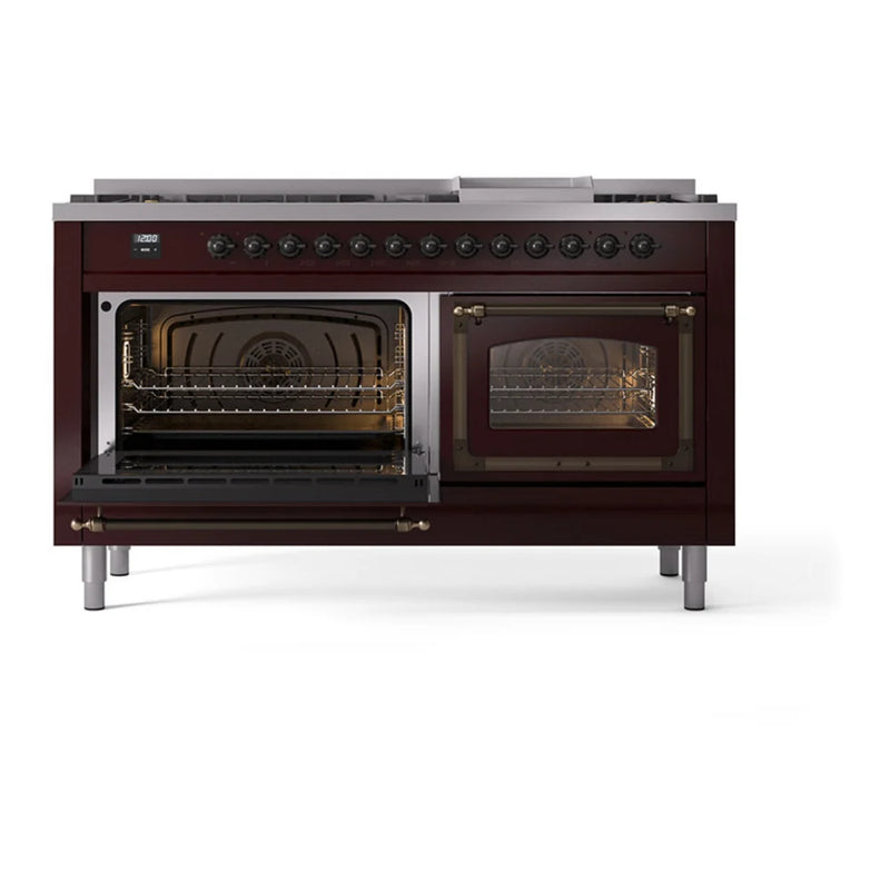 ILVE Nostalgie II Noblesse 60" Dual Fuel Freestanding Range in Burgundy with Burnished Trim, UN60FNMPBUBLP
