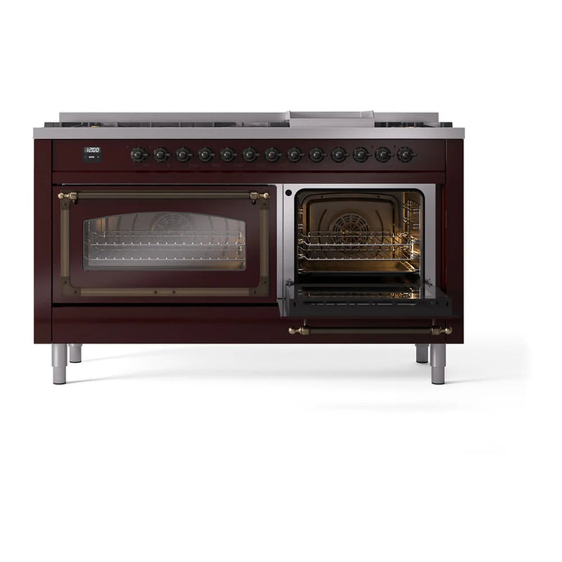ILVE Nostalgie II Noblesse 60" Dual Fuel Freestanding Range in Burgundy with Burnished Trim, UN60FNMPBUBLP