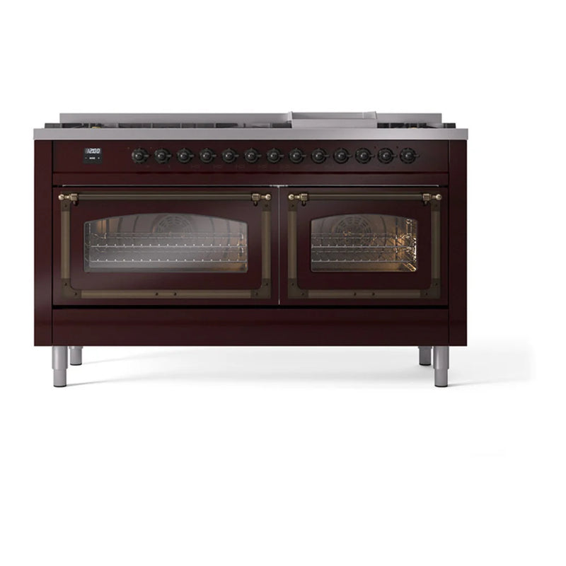 ILVE Nostalgie II Noblesse 60" Dual Fuel Freestanding Range in Burgundy with Burnished Trim, UN60FNMPBUB