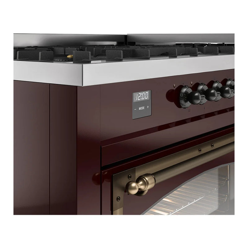 ILVE Nostalgie II Noblesse 60" Dual Fuel Freestanding Range in Burgundy with Burnished Trim, UN60FNMPBUB