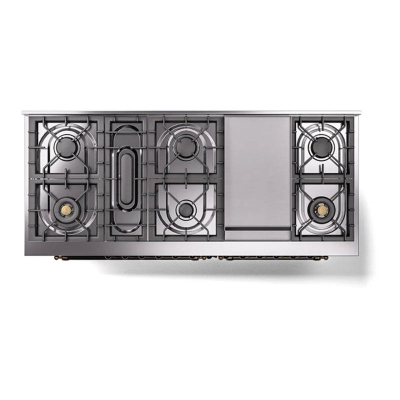 ILVE Nostalgie II Noblesse 60" Dual Fuel Freestanding Range in Burgundy with Burnished Trim, UN60FNMPBUB