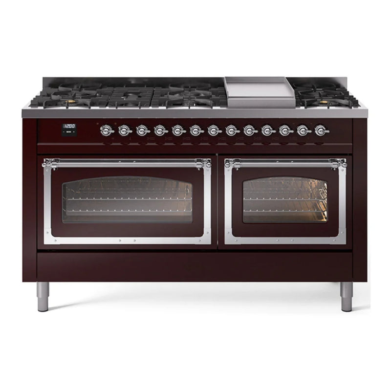 ILVE Nostalgie II Noblesse 60" Dual Fuel Freestanding Range in Burgundy with Chrome Trim, UN60FNMPBUCLP