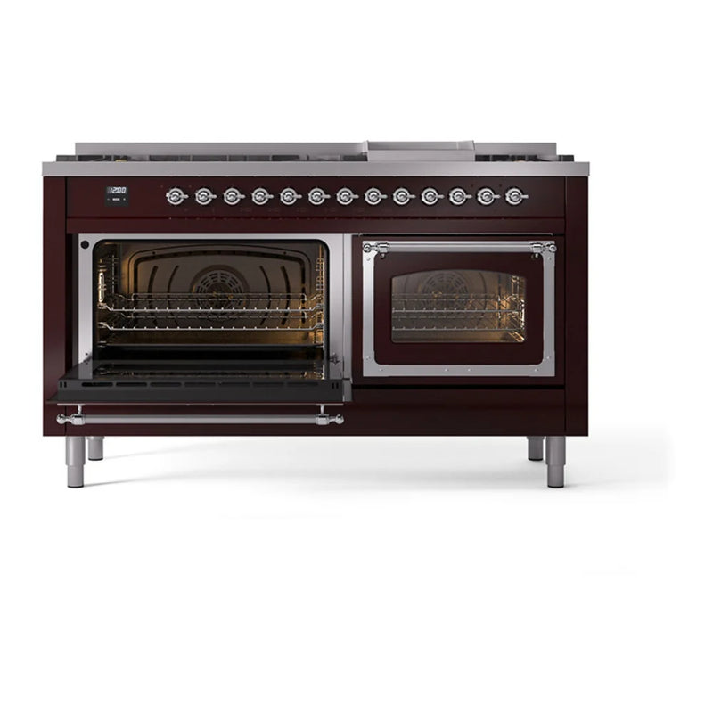 ILVE Nostalgie II Noblesse 60" Dual Fuel Freestanding Range in Burgundy with Chrome Trim, UN60FNMPBUCLP