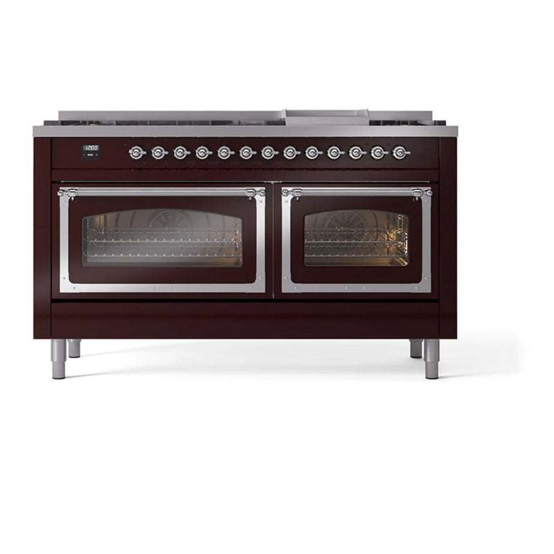 ILVE Nostalgie II Noblesse 60" Dual Fuel Freestanding Range in Burgundy with Chrome Trim, UN60FNMPBUCLP