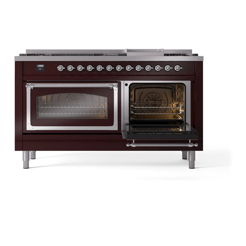 ILVE Nostalgie II Noblesse 60" Dual Fuel Freestanding Range in Burgundy with Chrome Trim, UN60FNMPBUC