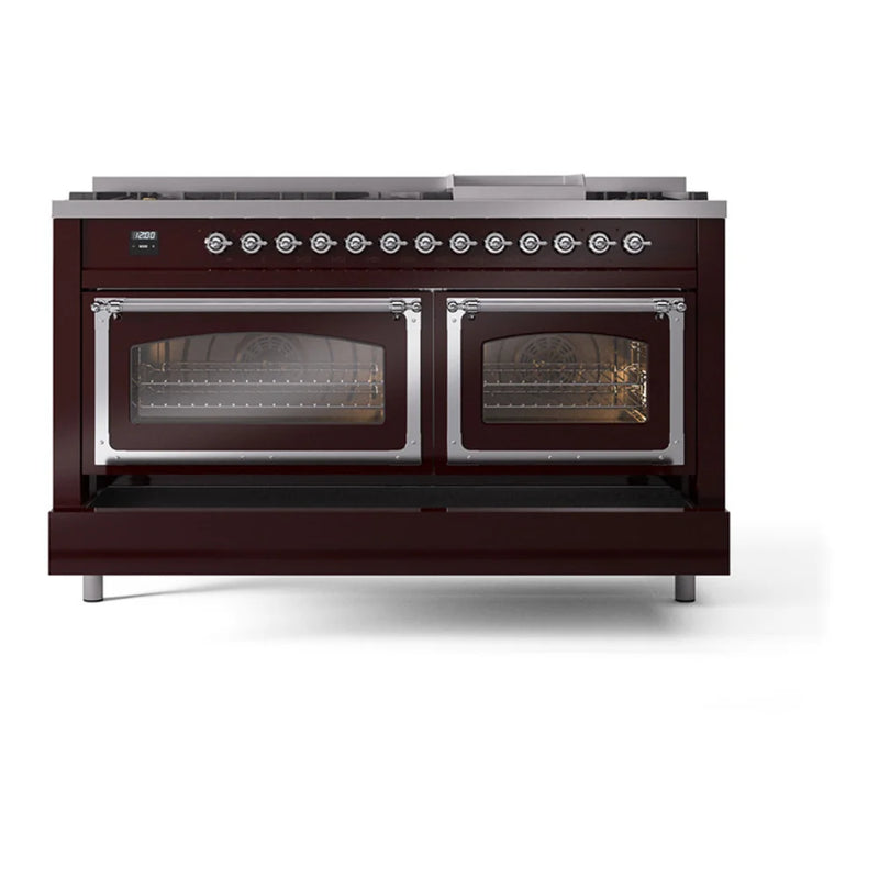 ILVE Nostalgie II Noblesse 60" Dual Fuel Freestanding Range in Burgundy with Chrome Trim, UN60FNMPBUC