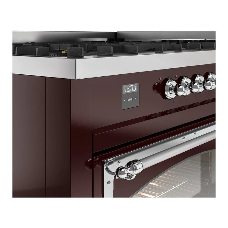 ILVE Nostalgie II Noblesse 60" Dual Fuel Freestanding Range in Burgundy with Chrome Trim, UN60FNMPBUC