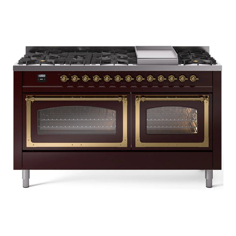 ILVE Nostalgie II Noblesse 60" Dual Fuel Freestanding Range in Burgundy with Brass Trim, UN60FNMPBUGLP