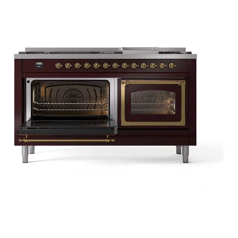 ILVE Nostalgie II Noblesse 60" Dual Fuel Freestanding Range in Burgundy with Brass Trim, UN60FNMPBUGLP