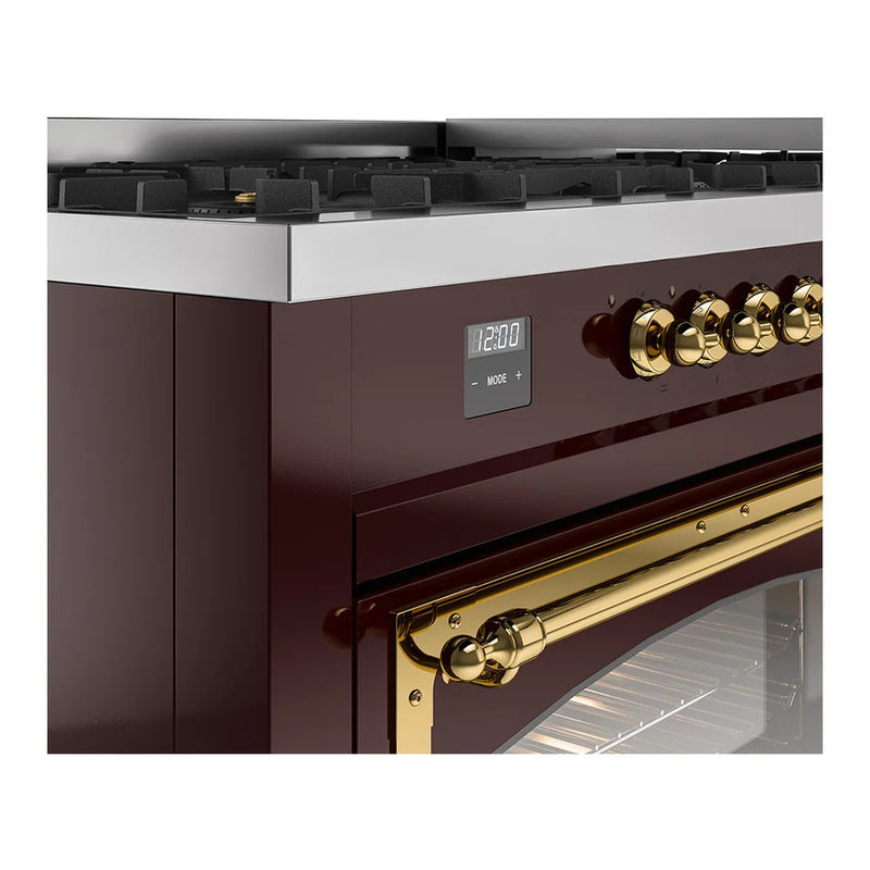 ILVE Nostalgie II Noblesse 60" Dual Fuel Freestanding Range in Burgundy with Brass Trim, UN60FNMPBUGLP
