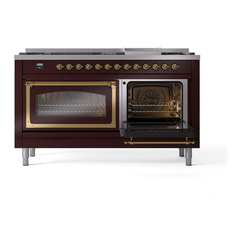 ILVE Nostalgie II Noblesse 60" Dual Fuel Freestanding Range in Burgundy with Brass Trim, UN60FNMPBUG