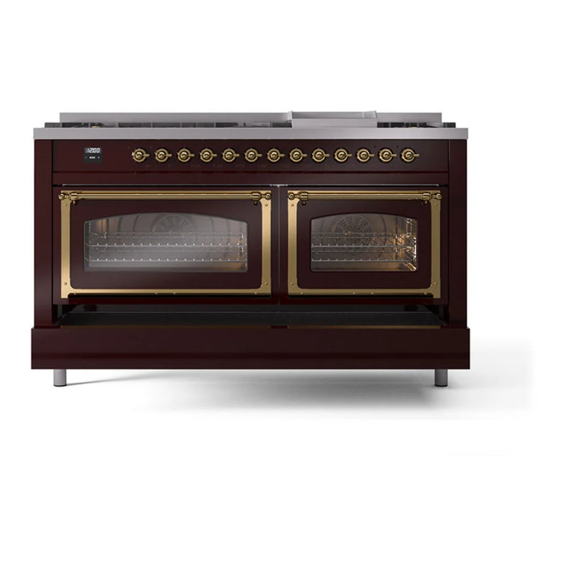 ILVE Nostalgie II Noblesse 60" Dual Fuel Freestanding Range in Burgundy with Brass Trim, UN60FNMPBUG