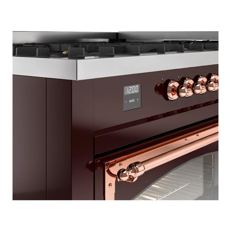 ILVE Nostalgie II Noblesse 60" Dual Fuel Freestanding Range in Burgundy with Copper Trim, UN60FNMPBUPLP