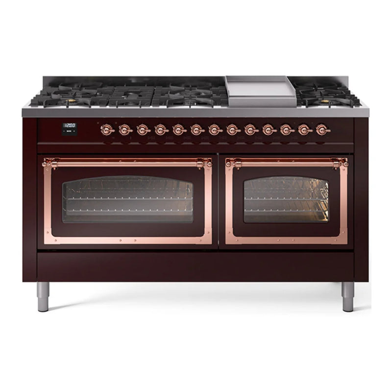 ILVE Nostalgie II Noblesse 60" Dual Fuel Freestanding Range in Burgundy with Copper Trim, UN60FNMPBUP
