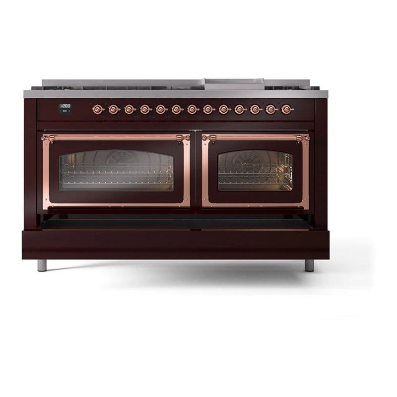 ILVE Nostalgie II Noblesse 60" Dual Fuel Freestanding Range in Burgundy with Copper Trim, UN60FNMPBUP