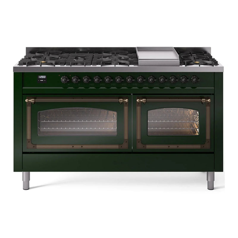 ILVE Nostalgie II Noblesse 60" Dual Fuel Freestanding Range in Emerald Green with Burnished Trim, UN60FNMPEGBLP