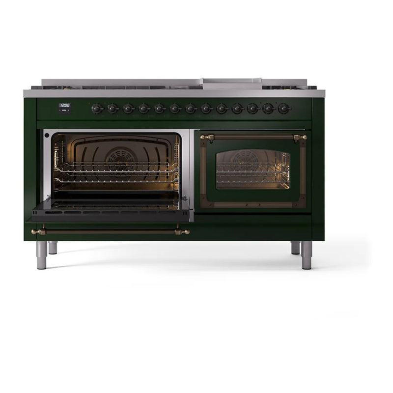 ILVE Nostalgie II Noblesse 60" Dual Fuel Freestanding Range in Emerald Green with Burnished Trim, UN60FNMPEGBLP