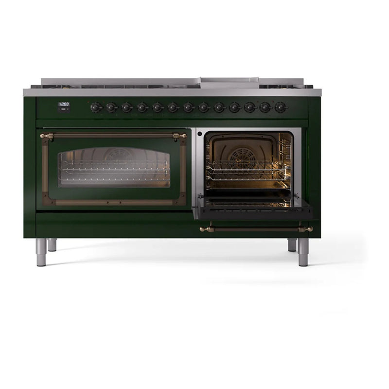 ILVE Nostalgie II Noblesse 60" Dual Fuel Freestanding Range in Emerald Green with Burnished Trim, UN60FNMPEGBLP