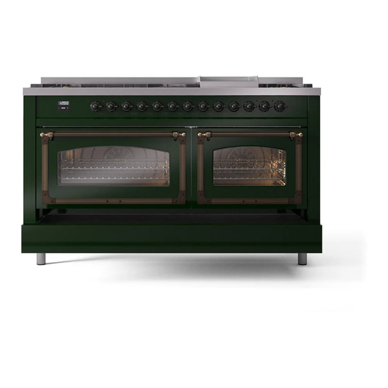 ILVE Nostalgie II Noblesse 60" Dual Fuel Freestanding Range in Emerald Green with Burnished Trim, UN60FNMPEGBLP