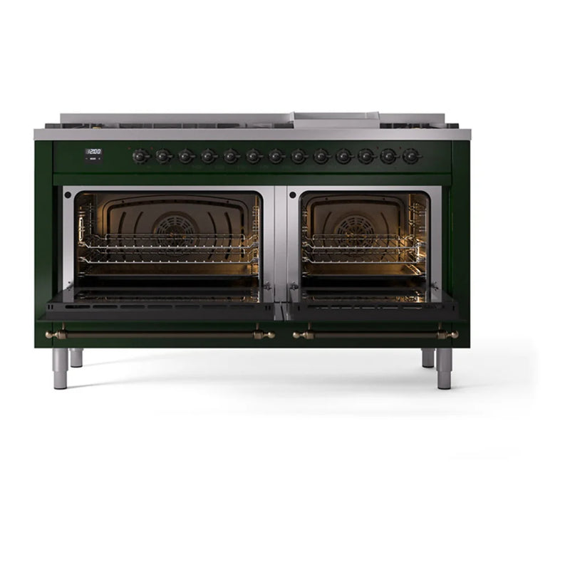 ILVE Nostalgie II Noblesse 60" Dual Fuel Freestanding Range in Emerald Green with Burnished Trim, UN60FNMPEGB