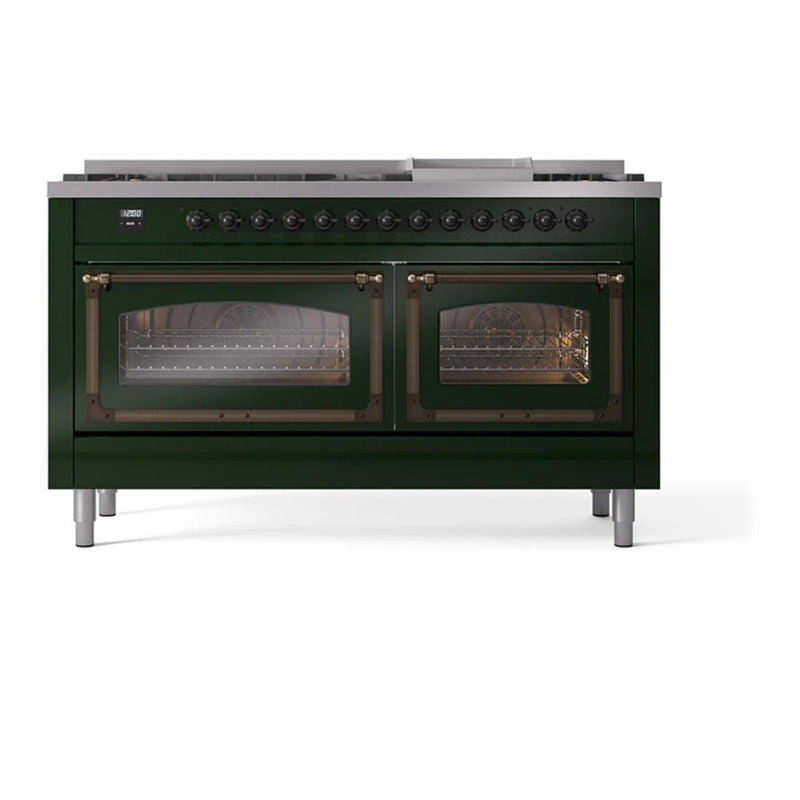 ILVE Nostalgie II Noblesse 60" Dual Fuel Freestanding Range in Emerald Green with Burnished Trim, UN60FNMPEGB