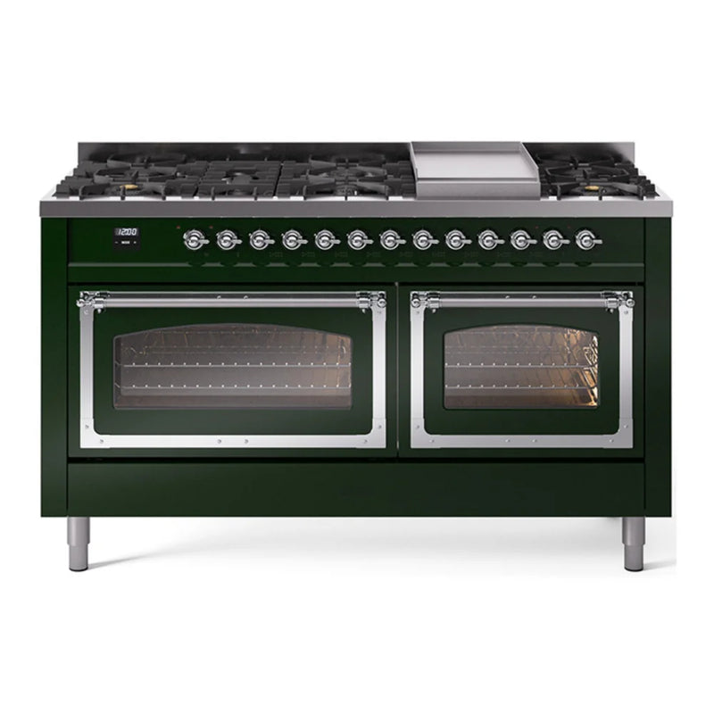 ILVE Nostalgie II Noblesse 60" Dual Fuel Freestanding Range in Emerald Green with Chrome Trim, UN60FNMPEGCLP