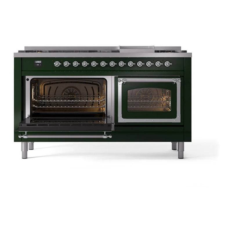 ILVE Nostalgie II Noblesse 60" Dual Fuel Freestanding Range in Emerald Green with Chrome Trim, UN60FNMPEGCLP