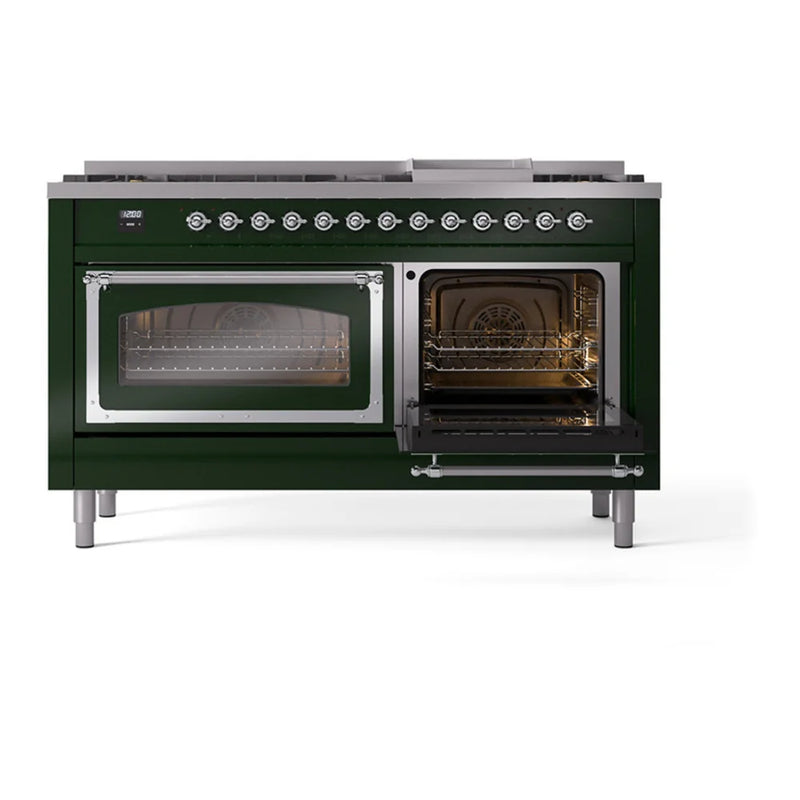 ILVE Nostalgie II Noblesse 60" Dual Fuel Freestanding Range in Emerald Green with Chrome Trim, UN60FNMPEGCLP