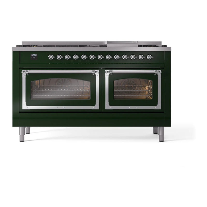 ILVE Nostalgie II Noblesse 60" Dual Fuel Freestanding Range in Emerald Green with Chrome Trim, UN60FNMPEGCLP