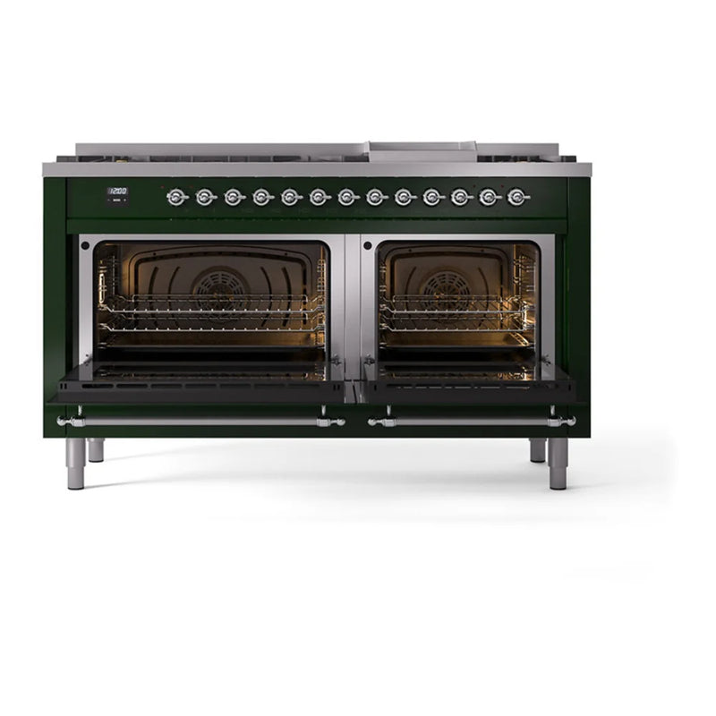 ILVE Nostalgie II Noblesse 60" Dual Fuel Freestanding Range in Emerald Green with Chrome Trim, UN60FNMPEGC