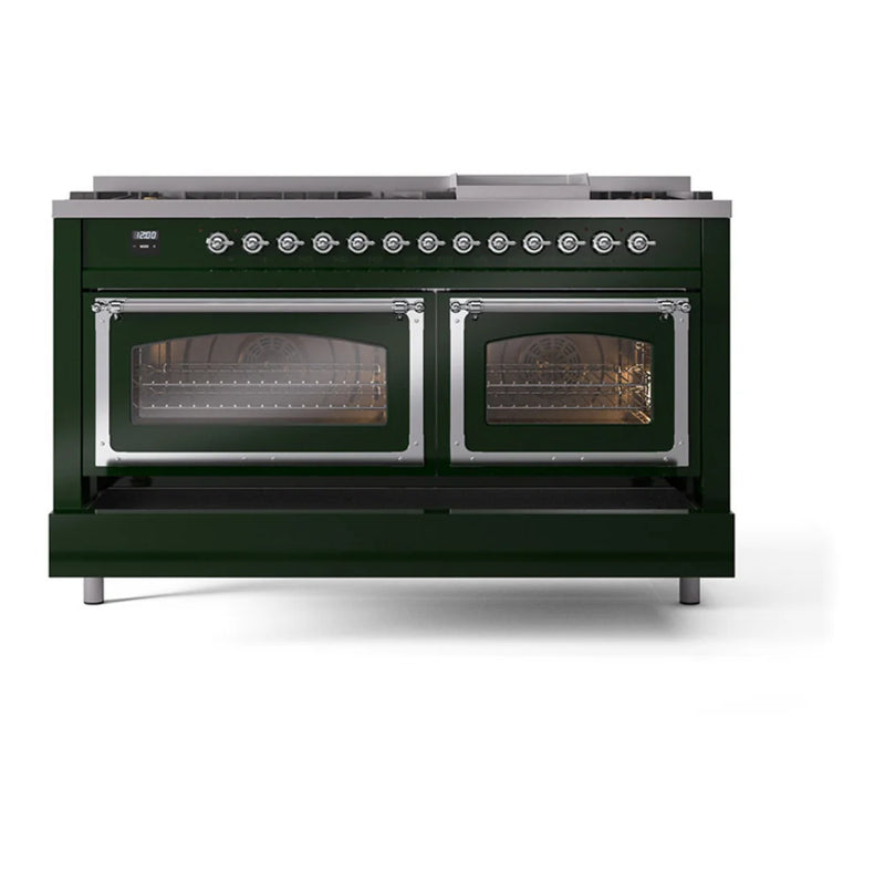 ILVE Nostalgie II Noblesse 60" Dual Fuel Freestanding Range in Emerald Green with Chrome Trim, UN60FNMPEGC