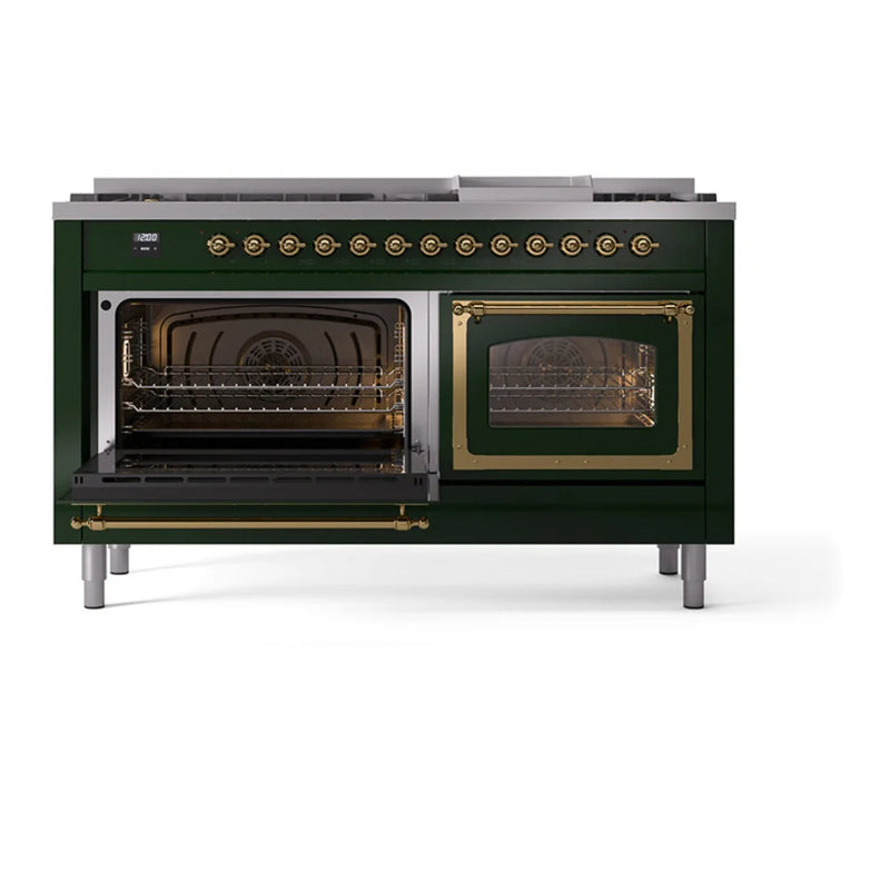 ILVE Nostalgie II Noblesse 60" Dual Fuel Freestanding Range in Emerald Green with Brass Trim, UN60FNMPEGGLP
